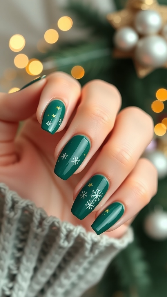 Elegant emerald green Christmas nails with gold accents, displayed on a softly blurred festive background.